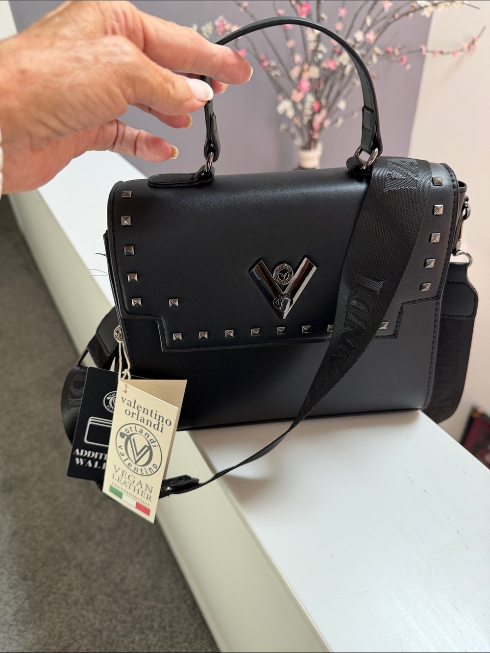 Valentino Orlandi Black Vegan Leather Satchel with Stud Accents
